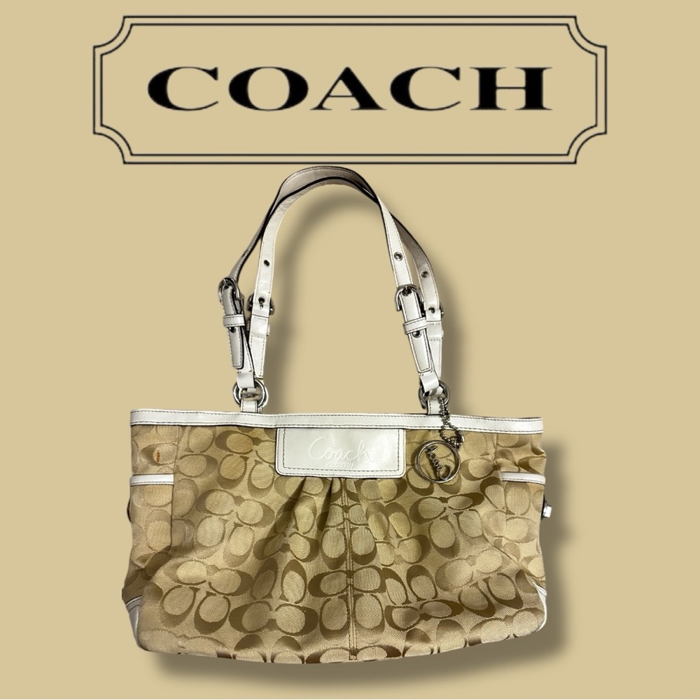 RARE COACH Signature Pleated East West Gallery Shoulder Bag, White & Beige